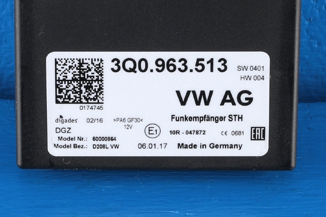 Varmeapparat diverse til VW Touran 2015-2021 (Type II)  (VAG|3Q0 963 513|)