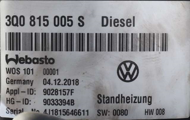 Dieselvarmer til Škoda Superb 2015-->> (Type III)  (WEBASTO|THERMO TOP EVO|3Q0 815 005 S|)