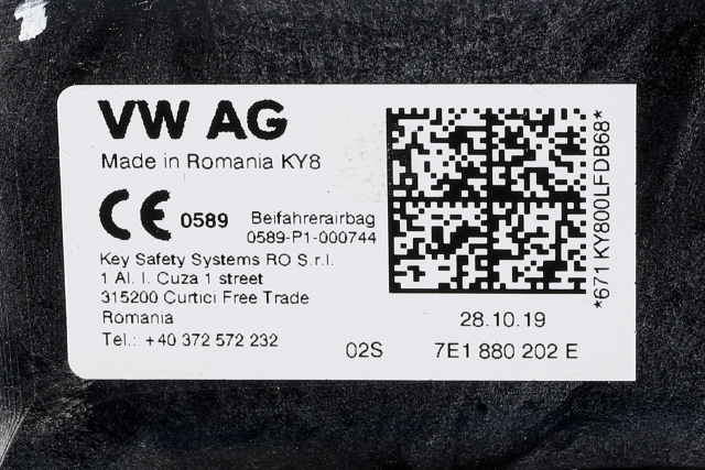 Airbag passasjer til VW Transporter / Caravelle 2019-->> (T6.1) (T6.1) (VAG|7E1 880 202 E|)