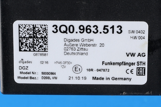 Varmeapparat diverse til VW Transporter / Caravelle 2019-->> (T6.1) (T6.1) (VAG|3Q0 963 513|)