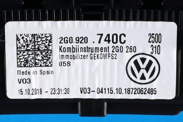 Instrumentpanel til VW Polo 2017-2021 (Type VI, Fase 1) (VDO|A2C17031000|2G0 920 740 C|)