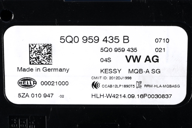 Styreenhet nøkkelfri/keyless til VW e-Golf 2014-2017 (Fase 1)  (HELLA|5ZA 010 947-02|5Q0 959 435 B|)