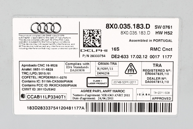 Bilstereo navigasjon til Audi A1 2010-2014 (Type I, Fase 1)  (VAG|8X0 035 183 D|)