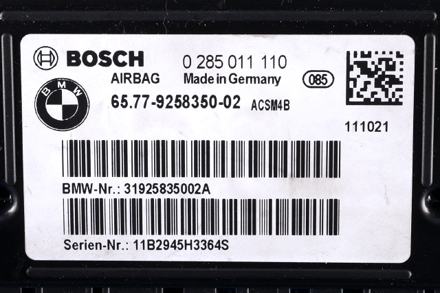 Styreenhet airbag hovedsensor til BMW 1-Serie 2011-2015 (Fase 1) (F20/F21) (F20/F21) (BOSCH|0 285 011 110|9 258 350|)