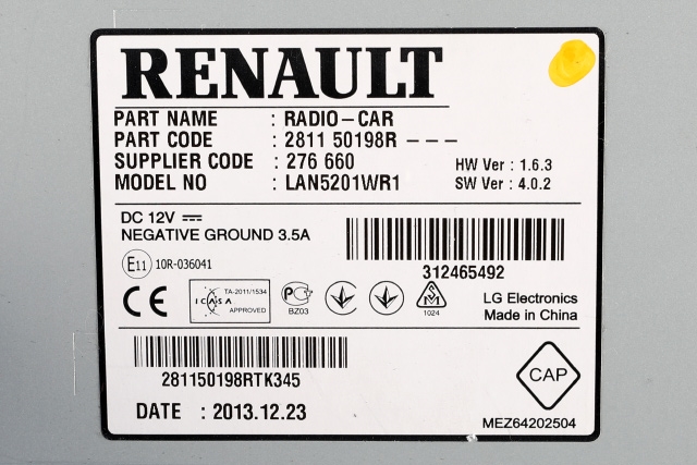 Bilstereo navigasjon til Renault Captur 2013-2020 (Type I)  (RENAULT|2811 50198R|)