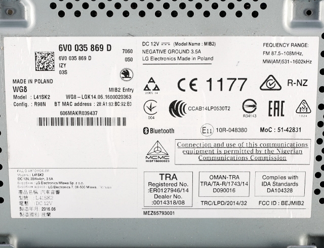 Bilstereo til Škoda Fabia 2014-2021 (Type III) (VAG|6V0 035 869 D|)