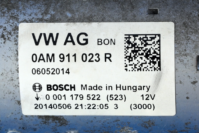 Starter til Audi A3 2012-2016 (Type III, Fase 1)  (BOSCH|0 001 179 522|0AM 911 023 R|)