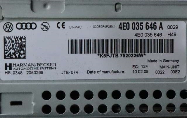 Bilstereo til Audi A6 2008-2011 (Type III, Fase 2) (C6) (C6) (VAG|4E0 035 646 A|)