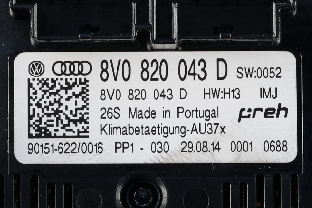 Varmeapparat betjening til Audi A3 2012-2016 (Type III, Fase 1)  (VAG|8V0 820 043 D|)