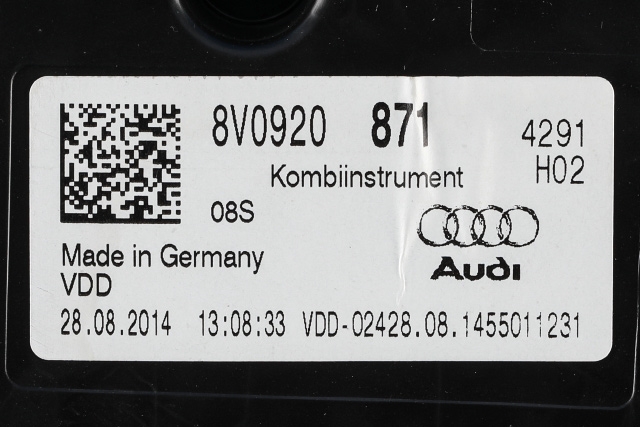 Instrumentpanel til Audi A3 2012-2016 (Type III, Fase 1)  (VDO|A2C90492100|8V0 920 871|)