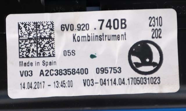 Instrumentpanel til Škoda Fabia 2014-2021 (Type III) (VAG|6V0 920 740 B|)
