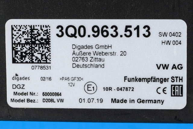 Varmeapparat diverse til Škoda Octavia 2017-2020 (Type III, Fase 2) (VAG|3Q0 963 513|)