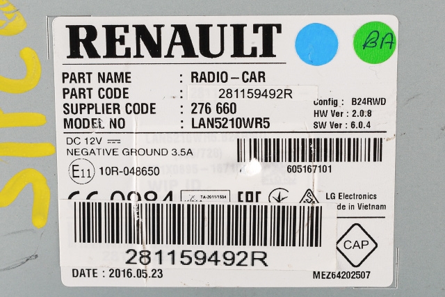 Bilstereo navigasjon til Renault Clio 2016-2019 (Type IV, Fase 2)  (RENAULT|2811 59492R|)