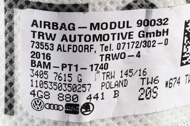 Airbag sidepute høyre til Audi A6 2014-2018 (Type IV, Fase 2) (C7) (C7) (VAG|4G8 880 441 B|)