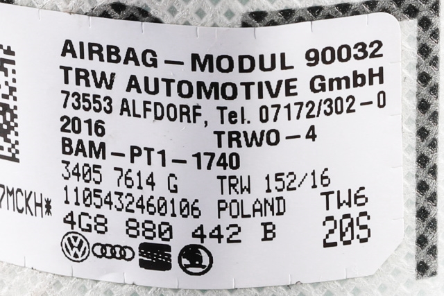 Airbag sidepute venstre til Audi A6 2014-2018 (Type IV, Fase 2) (C7) (C7) (VAG|4G8 880 442 B|)
