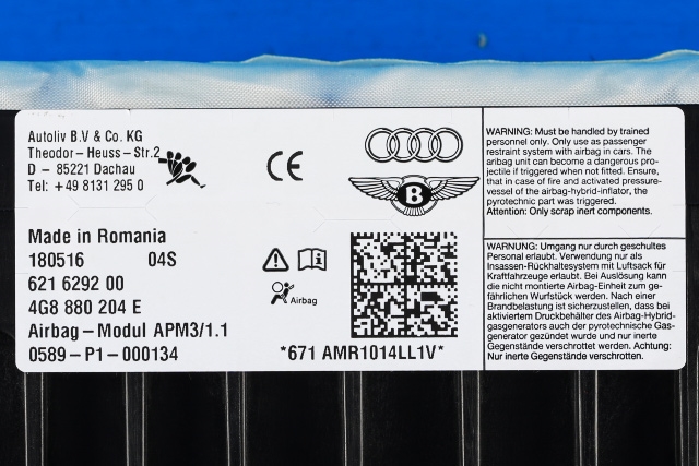 Airbag passasjer til Audi A6 2014-2018 (Type IV, Fase 2) (C7) (C7) (VAG|4G8 880 204 E|)
