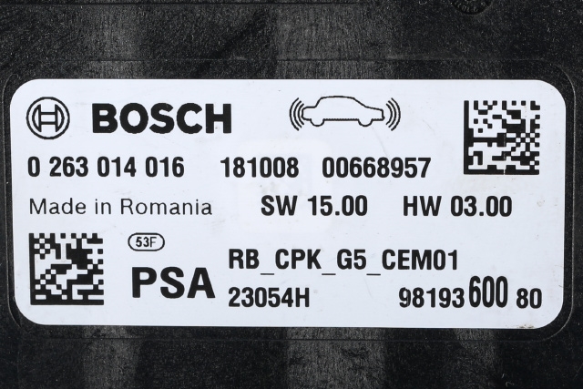 Styreenhet parkering til Peugeot Expert 2016-->> (Type III) (BOSCH|0 263 014 016|98 193600 80|)