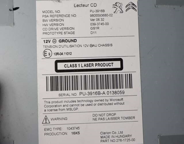 Bilstereo til Citroën C4 2011-2017 (Type II) (CITROEN|98 055936 80|)