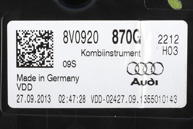 Instrumentpanel til Audi A3 2012-2016 (Type III, Fase 1)  (VDO|A2C84207600|8V0 920 870 G|)