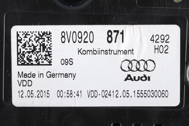Instrumentpanel til Audi A3 2012-2016 (Type III, Fase 1)  (VDO|A2C90492100|8V0 920 871|)