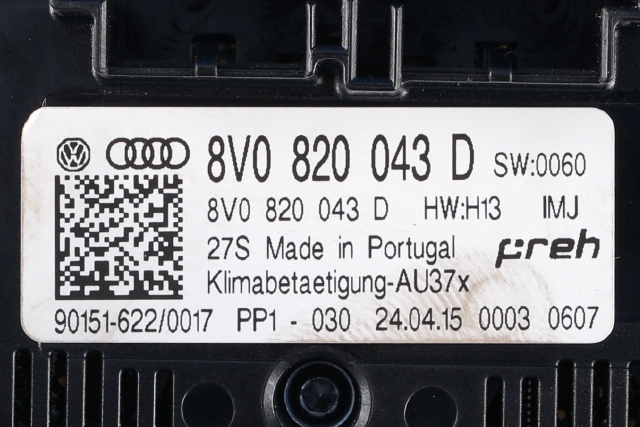 Varmeapparat betjening til Audi A3 2012-2016 (Type III, Fase 1)  (VAG|8V0 820 043 D|)