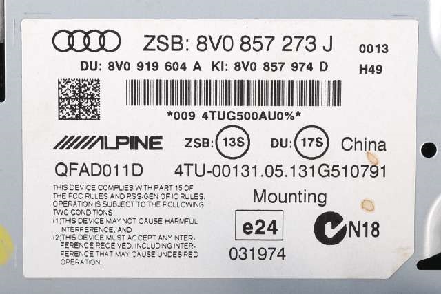 Bilstereo navigasjon til Audi A3 2012-2016 (Type III, Fase 1)  (VAG|8V0 857 273 J|)
