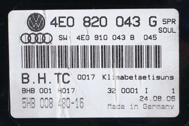 Varmeapparat betjening til Audi A8 2003-2010 (Type II)  (HELLA|5HB 008 480-16|4E0 820 043 G|)