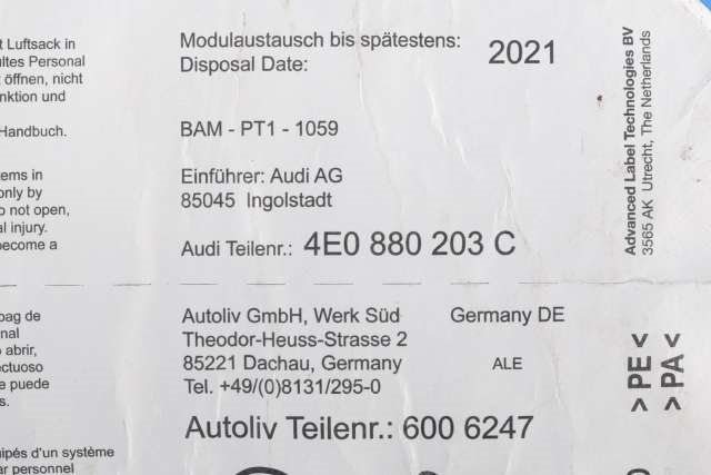 Airbag passasjer til Audi A8 2003-2010 (Type II)  (VAG|4E0 880 203 C|)