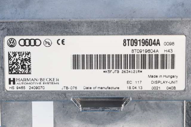 Bilstereo navigasjon skjerm til Audi A4 2007-2014 (Type IV) (B8) (B8) (VAG|8T0 919 604 A|)