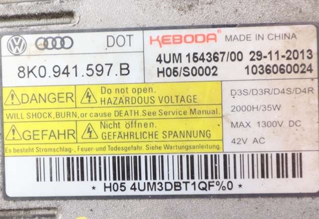 Styreenhet xenon/ballast til Škoda Octavia 2013-2016 (Type III, Fase 1)  (VAG|8K0 941 597 B|)