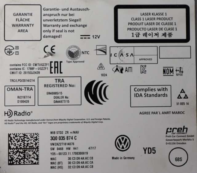 Bilstereo til VW T-Roc 2017-->> (VAG|3Q0 035 874 C|)