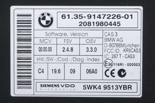 Styreenhet diverse til BMW 3-Serie 2005-2011 (E90/E91/E92/E93) (E90/E91/E92/E93) (SIEMENS|5WK4 9513YBR|61.35-9 147 226|)
