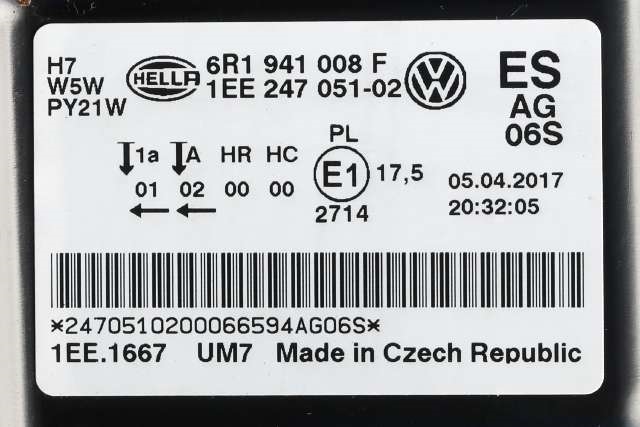 Frontlykt høyre halogen til VW Polo 2014-2017 (Type V, Fase 2)  (VAG|6R1 941 008 F|)