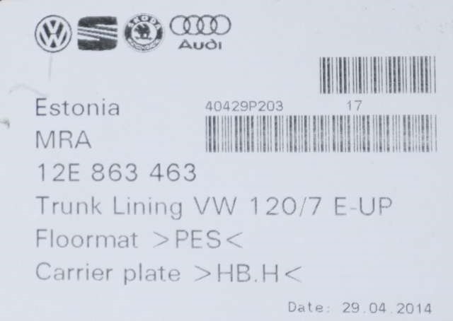 Bagasjerom teppe/gulvplate til VW E-Up 2013-2019 (VAG|12E 863 463|)