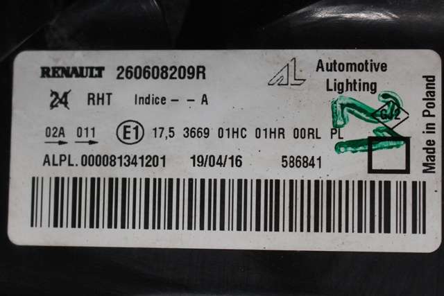 Frontlykt venstre halogen til Dacia Duster 2010-2017 (Type I)  (RENAULT|260608209R|)