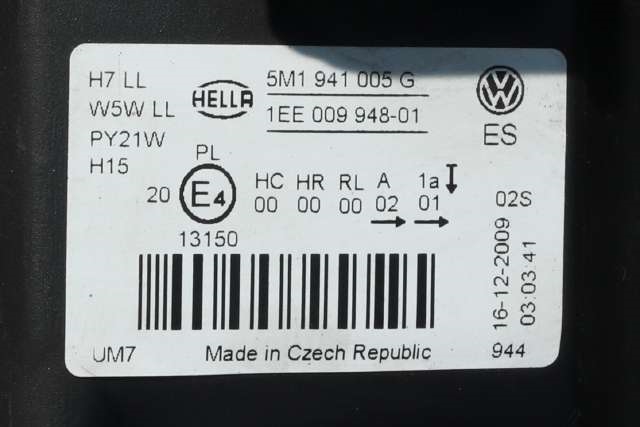 Frontlykt venstre halogen til VW Golf, Plus/Cross 2009-2013 (Fase 2) (HELLA|1EE 009 948-01|5M1 941 005 G|)