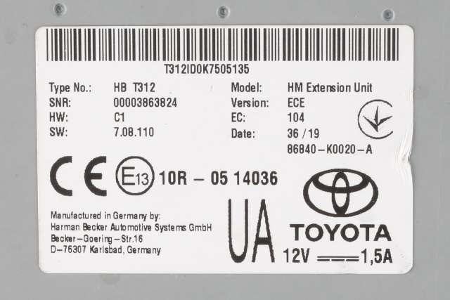 Styreenhet diverse til Toyota C-HR 2016-->>  (TOYOTA|86840-K0020-A|)