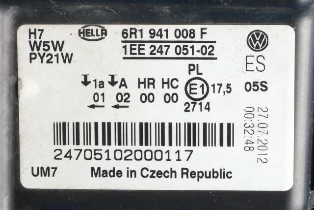 Frontlykt høyre halogen til VW Polo 2009-2014 (Type V, Fase 1)  (VAG|6R1 941 008 F|)