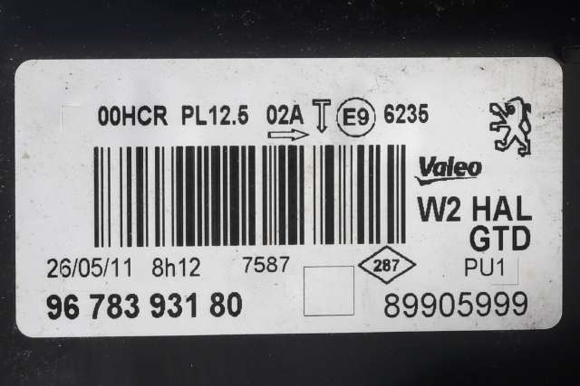 Frontlykt venstre halogen til Peugeot 508 2011-2014 (Type I, Fase 1)  (PEUGEOT|96 783931 80|)