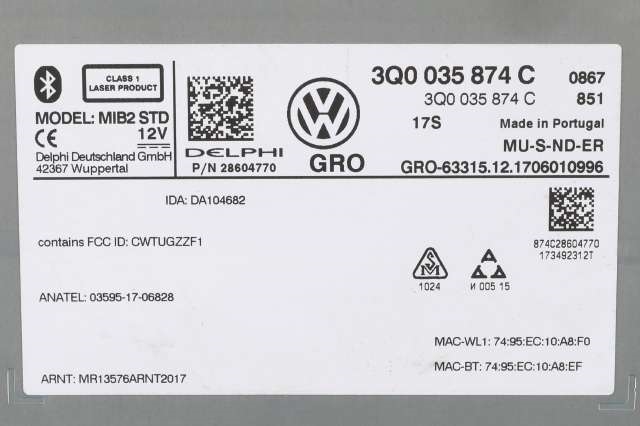 Bilstereo til VW Passat 2015-2019 (Fase 1) (B8) (B8) (VAG|3Q0 035 874 C|)