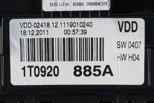 Instrumentpanel til VW Touran 2010-2015 (Type I, Fase 3)  (VAG|1T0 920 885 A|)