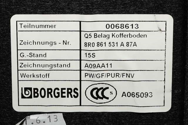 Bagasjerom teppe/gulvplate til Audi Q5 2012-2017 (Type I, Fase 2) (VAG|8R0 861 531 A|)
