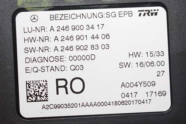Styreenhet elektrisk parkbrems (EPB - Electric Parking Brake) til Mercedes GLA 2014-2020 (X156) (X156) (MERCEDES|A 246 900 34 17|)