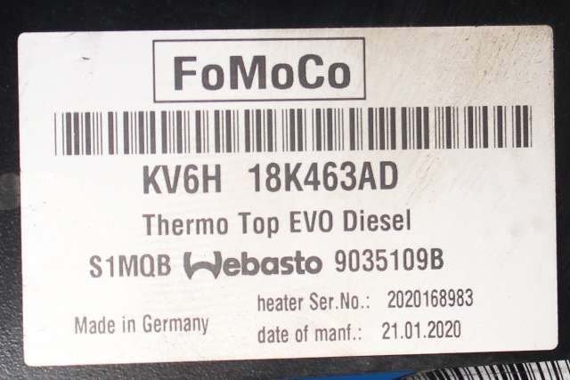 Dieselvarmer til Ford Transit Connect 2018-->> Type II, Fase 2  (WEBASTO|THERMO TOP EVO|KV6H-18K463-AD|)