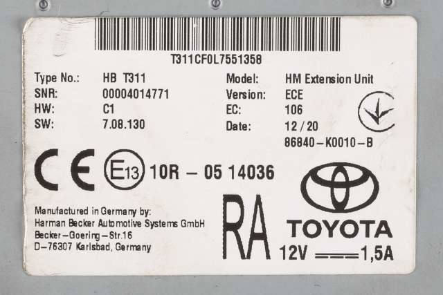 Bilstereo diverse til Toyota RAV4 2019-->> (Type V) (TOYOTA|86840-K0010-B|)