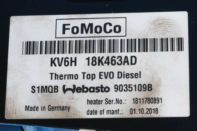 Dieselvarmer til Ford Transit Connect 2018-->> Type II, Fase 2 (WEBASTO|THERMO TOP EV0|KV6H-18K463-AD|)