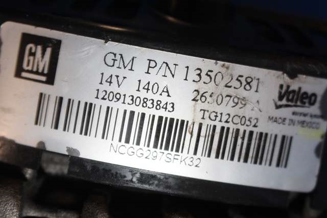 Dynamo diesel til Opel Zafira Tourer 2012-2018  (VALEO|2650799 A|13 502 581. 14 VOLT - 140 AMP|)