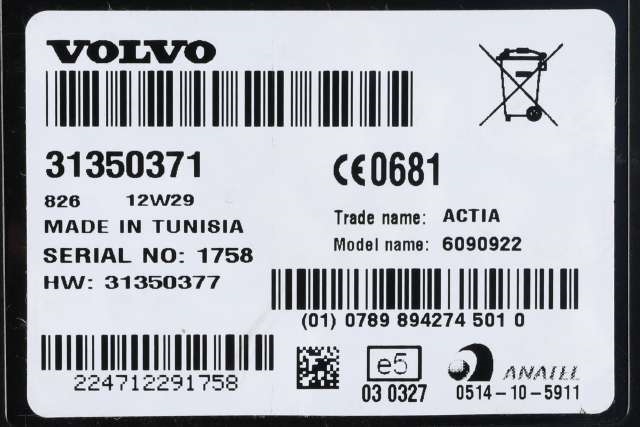 Styreenhet diverse til Volvo V70 2007-2013 (Type III, Fase 1)  (VOLVO|31350371|)
