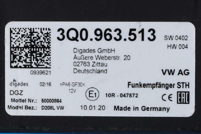 Varmeapparat diverse til Škoda Octavia 2017-2020 (Type III, Fase 2)  (VAG|3Q0 963 513|)