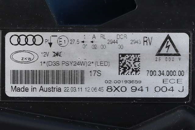 Frontlykt høyre xenon til Audi A1 2010-2014 (Type I, Fase 1)  (VAG|8X0 941 004 J|)